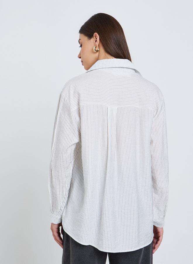 Styli Women White Pinstripe Oversized Shirt with Lace Trim - Image 5
